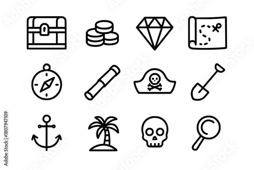 Treasure Icons Collection. Hidden treasures. Line icon set of hidden treasures: treasure chest, gold coins, gem, map, compass, telescope, pirate hat, shovel,