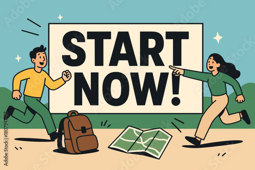 Adventure Awaits Banner. Let's discover banner, flat vector illustration, bold oversized text inside rectangular frame, cartoon characters running