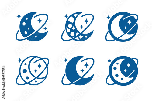 Lunar Exploration Icons. Lunar exploration and moon missions. Icon set. Set Logo of Lunar Exploration: astronaut helmet reflection of the moon. harmonious logo