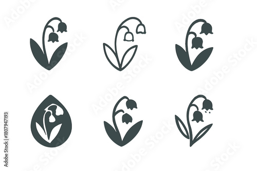 Lily Logo Variations. Lily of the Valley. Icon set. Set Logo of Lily of the Valley: minimalist floral symbol. harmonious logo variations of the same emblematic