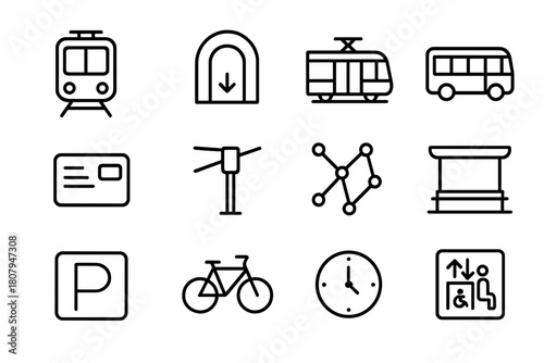 Public Transit Icons. Public transportation hub. Solid icons set of Public transportation hub: bus stop, shelter, timetable, ticket machine, metro entrance,