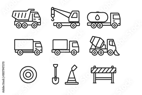 Construction Truck Icons. Construction trucks. Line icon set of construction trucks: dump truck, crane truck, fuel tanker, flatbed, cargo truck, cement mixer,