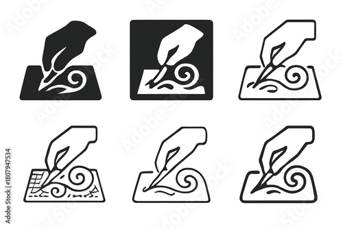 Artisan Logo Variations. Craftsmanship and manual labor in the arts. Icon set. Set Logo of Craftsmanship: artisan hand holding a chisel. harmonious logo