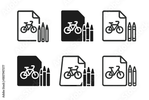 Creative Kids Icons. Children's hobbies (reading, cycling, painting). Icon set. Set Logo of children's hobbies: drawing crayons and paper. harmonious logo