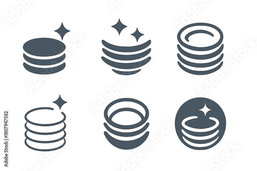 Stacked Plates Logos. Stacking clean plates. Icon set. Set Logo of stacking clean plates: circular plate stack pattern. harmonious logo variations of the same