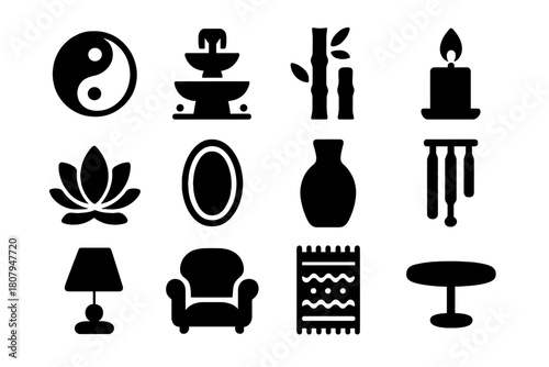 Balanced Home Icons. Balanced interiors. Solid icon set of Balanced interiors: yin yang, water fountain, bamboo plant, candle, lotus flower, mirror, vase, wind