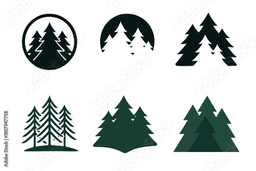 Forest Ecosystem Logos. forest ecosystem. Icon set. Set Logo of forest ecosystem: sun and water cycle over forest. harmonious logo variations of the same