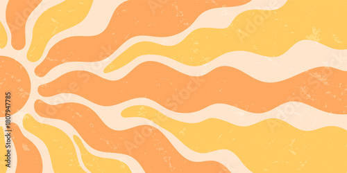 Groovy retro sun burst wave with orange and yellow ray pattern creates a y2k sunshine. sun and burst shape, grungy texture graphic. Horizontal background for vintage design with a graphic focus.