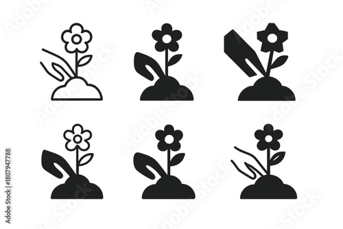 Floral Icon Variations. Planting flowers. Icon set. Set Logo of Planting flowers: Flower bed. harmonious logo variations of the same emblematic concept, each