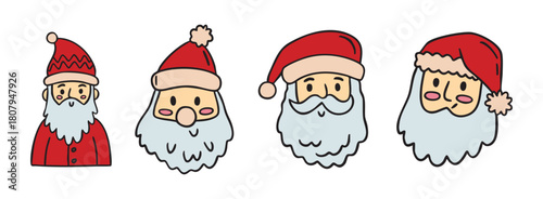 Santa Claus heads clipart set with cute smiling faces, cheerful holiday collection, hand drawn.