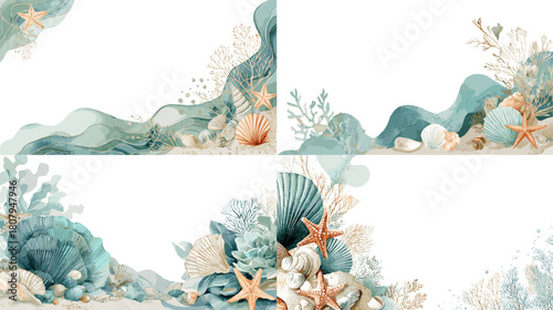 Watercolor illustration of seashells corals starfish and soft ocean waves arranged in decorative borders. Ideal for beach themes summer invitations coastal decor and marine design.