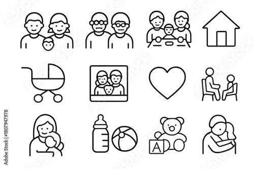 Family Moments Icons. Family moments. Line icon set of family moments: parents, child, grandparents, family dinner, home, stroller, family photo, heart, park