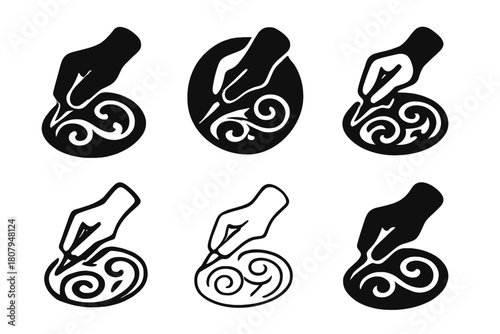 Artisan Logo Variations. Craftsmanship and manual labor in the arts. Icon set. Set Logo of Craftsmanship: artisan hand holding a chisel. harmonious logo