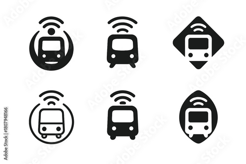 Autonomous Transport Logos. autonomous public transport. Icon set. Set Logo of autonomous public transport: sensor-equipped minibus. harmonious logo variations