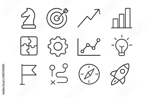 Core Strategy Icons. Core Strategy. Line icon set of Core Strategy: chess piece, target, arrow, chart, puzzle, gear, graph, light bulb, flag, roadmap, compass,