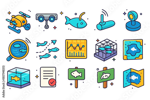 Fish Monitoring Icons. Research and monitoring of fish schools. Colorful isometric vector icons set of Research and monitoring of fish schools: underwater