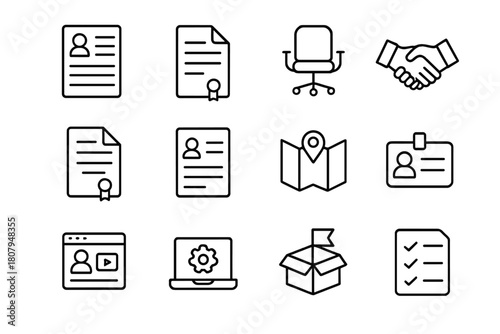 Hiring Icons Set. Hiring and onboarding. Line icon set of hiring and onboarding: resume, cover letter, interview chair, handshake, offer letter, contract, ID