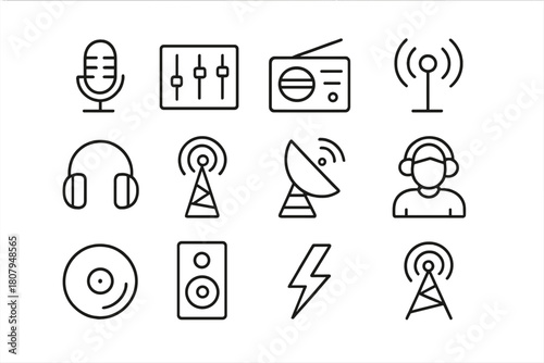 Radio Station Icons. Radio Station. Line icon set of Radio Station: microphone, soundboard, radio, signal wave, headphone, antenna, satellite dish, DJ, vinyl,