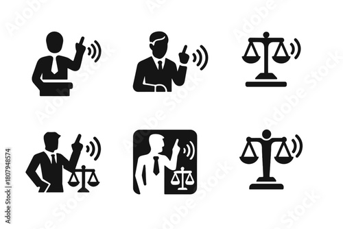 Courtroom Objection Logos. Lawyer Making Objections. Icon set. Set Logo of Courtroom Objection: attorney raising hand in court. harmonious logo variations of