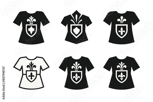 Medieval Costume Logos. medieval costumes. Icon set. Set Logo of medieval costumes: battle tunic with crest. harmonious logo variations of the same emblematic