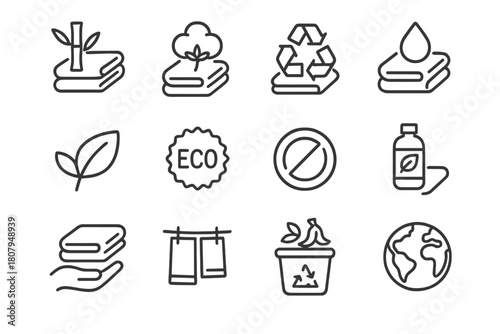 Eco-friendly Towel Icons. Eco-friendly towels. Line icon set of eco-friendly towels: bamboo towel, organic cotton, recycled fabric, droplet absorption, green
