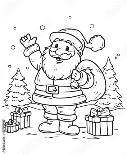 Santa Claus in North pole page.Coloring pages for kids, simple line art.