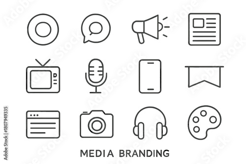 Media Branding Icons. Media branding. Line icon set of Media branding: logo, social media icon, megaphone, newspaper, TV, microphone, smartphone, banner,