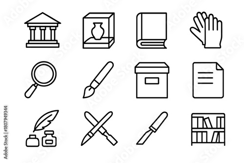 Restoration Exhibit Icons. Exhibit restoration. Line icon set of Exhibit restoration: museum building, display case, old book, gloves, magnifying glass,