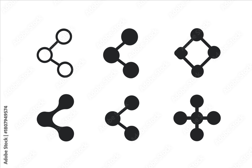 Fototapeta premium Molecule Icon Set. Chemical composition. Icon set. Set Logo of Molecule: Connected atoms. Minimal outline, Filled silhouette, Abstract geometric, Negative