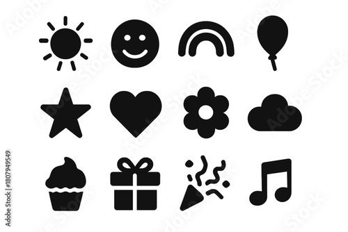 Cheerful Icon Set. Cheerful designs. Solid icon set of Cheerful designs: sun, smiley face, rainbow, balloon, star, heart, flower, cloud, cupcake, gift box,