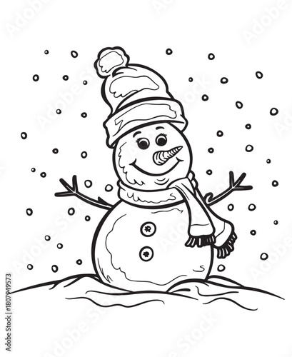 Cute snowman .Coloring pages for kids, simple line art.
