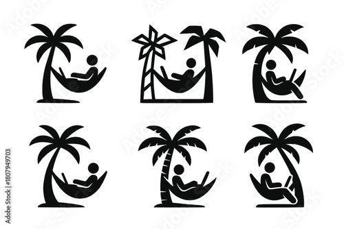 Tropical Freelance Logos. Freelancer working from a tropical location. Icon set. Set Logo of Freelancer working from a tropical location: Palm tree with