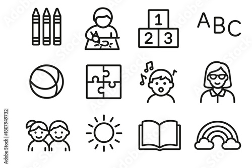 Preschool Activity Icons. Preschool activities. Line icon set of preschool activities: crayons, drawing, counting blocks, alphabet, ball, puzzle, singing,