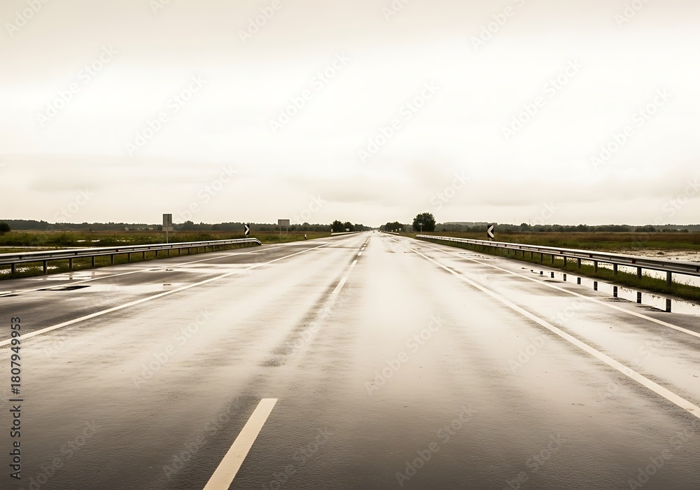 Fototapeta premium Wet highway stretches into distance beneath overcast sky, reflecting light