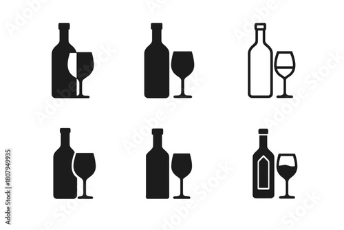 Alcohol Logo Variations. Alcohol. Icon set. Set Logo of alcohol: wine bottle and glass. harmonious logo variations of the same emblematic concept, each with