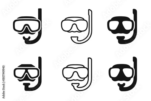 Snorkeling Mask Icons. Snorkeling mask. Icon set. Set Logo of Snorkeling mask: Mask lens close-up. harmonious logo variations of the same emblematic concept,
