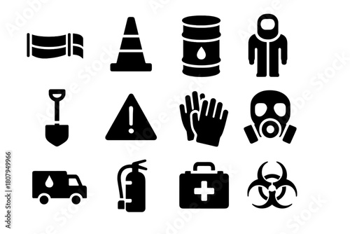 Spill Containment Icons. Spill Containment. Solid icon set of Spill Containment: containment barrier, safety cone, chemical barrel, hazmat suit, shovel,
