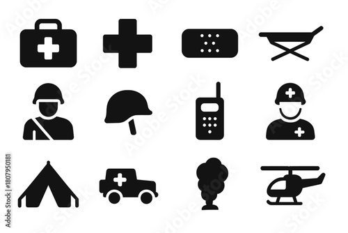 Battlefield Aid Icons. Battlefield aid. Solid icon set of battlefield aid: first aid kit, cross symbol, bandage, stretcher, soldier, helmet, radio, medic,