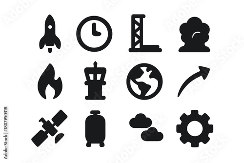 Rocket Launch Icons. Launch Sequence. Line icon set of Launch Sequence: rocket, ignition flame, smoke, countdown clock, control panel, radar, tower, checklist,