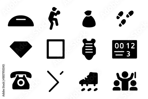 Baseball Mound Icons. Pitcher's Mound. Solid icon set of Pitcher's Mound: baseball mound, rubber plate, pitcher silhouette, rosin bag, cleat marks, home plate,