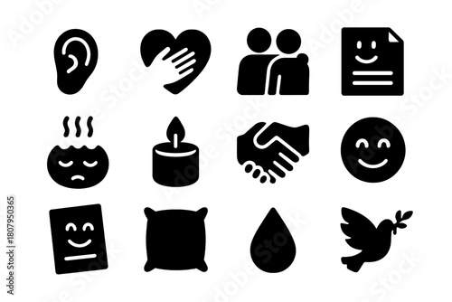 Emotional Support Icons. Emotional Support. Solid icon set of Emotional Support: listening ear, empathy heart, shoulder to lean, reassuring note, calming