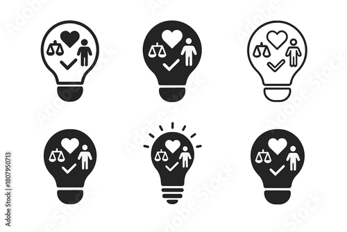Ethical Emblem Logos. Moral development. Icon set. Set Logo of Moral development: Light bulb with ethical symbols. harmonious logo variations of the same