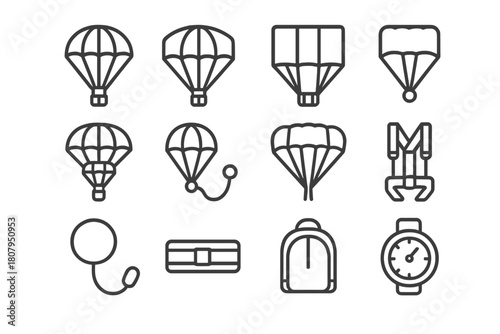 Parachute Line Icons. Parachute types. Line icon set of parachute types: round parachute, ram-air parachute, square parachute, reserve chute, tandem parachute,