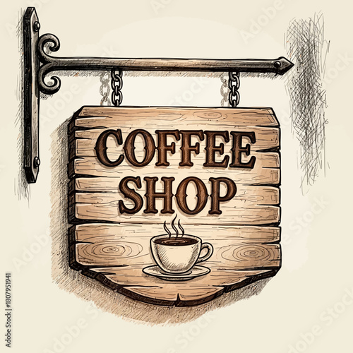 Charming Coffee Shop Sign with Wooden Texture and Ornamental Ironwork