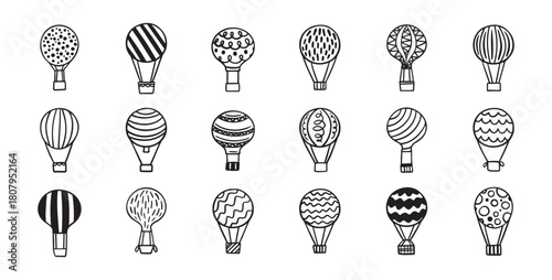 Hot air balloon doodle set. Hand drawn Hot air balloons line vector illustration