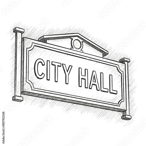 Hand drawn city hall sign in monochromatic style, graphic illustration