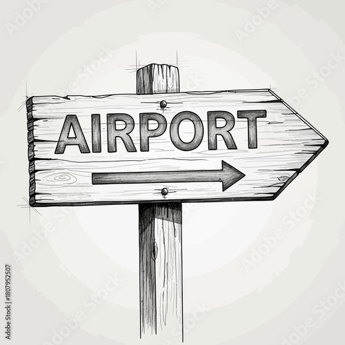 Hand-drawn airport direction sign on weathered wooden post grayscale illustration