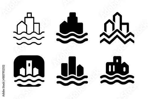 Flooded City Icons. Flooded cities. Icon set. Set Logo of Flooded Cities: skyline partially submerged in water waves. harmonious logo variations of the same