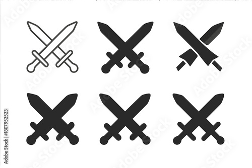 War Icon Variations. War. Icon set. Set Logo of War: crossed swords symbolizing conflict. harmonious logo variations of the same emblematic concept, each with