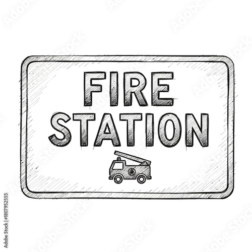 Hand-drawn fire station sign with an illustrative fire engine sketch style